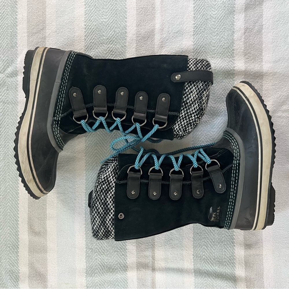 SOREL Joan of Arctic Winter Waterproof Boots Black Suede w/ Knit Upper US 7.5